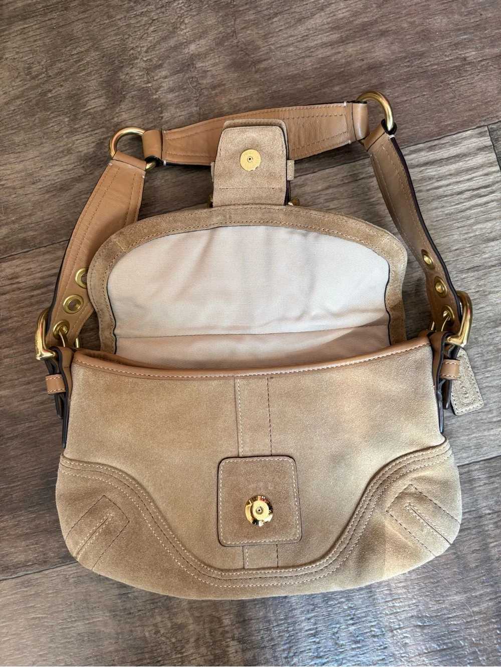 Vintage Y2K Coach Soho Demi Flap Tan Suede Shoulder Bag with Gold Hardware